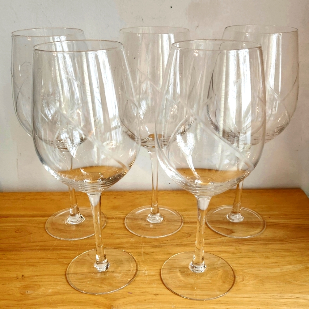 Crystal Wine Glasses 5 Pcs Etched Design Stem Barware 18 oz